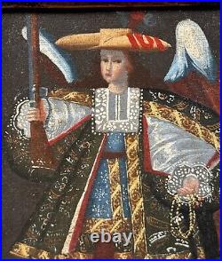 Antique Cuzco Spanish Colonial Angel with Rifle Oil Painting Archangel Arcabucero