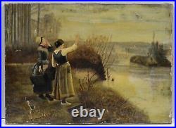 Antique Dutch Theme Folk Art Damaged Oil Painting Unsigned 1885 Stretcher