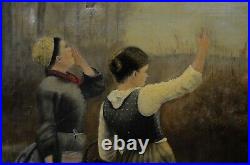 Antique Dutch Theme Folk Art Damaged Oil Painting Unsigned 1885 Stretcher