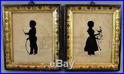 Antique Early-19thC Folk Art Cut-Paper Children Silhouettes & Ink Wash Painting