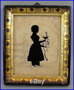 Antique Early-19thC Folk Art Cut-Paper Children Silhouettes & Ink Wash Painting