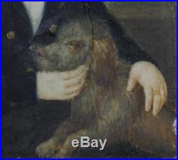 Antique Early 19thC Miniature Folk Art Portrait Painting Young Man & Spaniel Dog