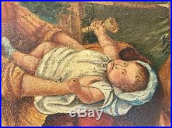 Antique Early 19th C Signed Edward Hicks Mother And Baby Folk Art Oil Painting