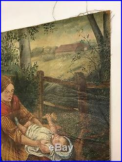 Antique Early 19th C Signed Edward Hicks Mother And Baby Folk Art Oil Painting