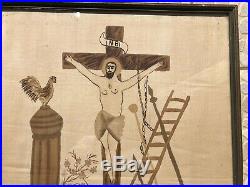 Antique Early 20c Crucifixion Jesus Christ Religious Primitive Folk Art Painting