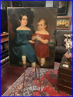 Antique Early American Folk Art Children Portrait Painting With Dove Boston Mass