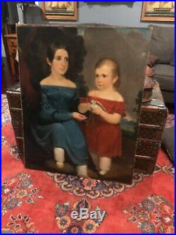 Antique Early American Folk Art Children Portrait Painting With Dove Boston Mass