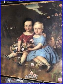 Antique Early American Folk Art Portrait Painting Brother & Sister Boston Mass