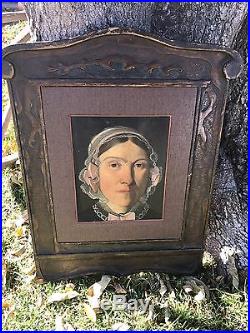Antique Early American Folk Art Portrait Painting LADY IN LACE BONNET Fragment