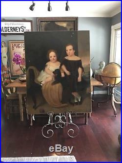 Antique Early American Folk Art Portrait Painting Of Two Sisters 4 FT tall