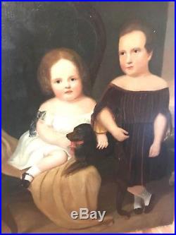 Antique Early American Folk Art Portrait Painting Of Two Sisters 4 FT tall