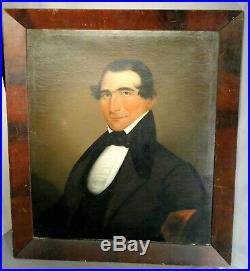 Antique Early American Folk Art Portrait handsome Man Empire Picture Frame 1840