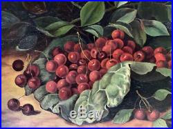 Antique Early American Oil Painting Still Life of Cherries C. 1850 Folk Art
