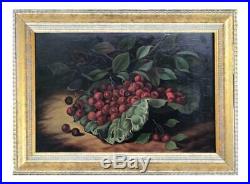 Antique Early American Oil Painting Still Life of Cherries C. 1850 Folk Art