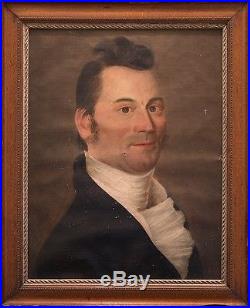Antique Early American Portrait Folk Art Dapper Gentleman Painting Circa 1815