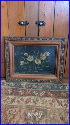 Antique Early Country Framed Metal Tin Floral Oil Painting 19
