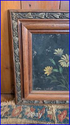 Antique Early Country Framed Metal Tin Floral Oil Painting 19