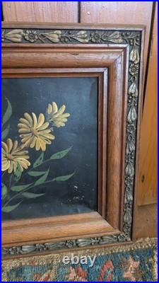 Antique Early Country Framed Metal Tin Floral Oil Painting 19