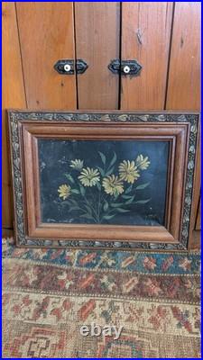 Antique Early Country Framed Metal Tin Floral Oil Painting 19