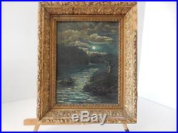 Antique Early Old Victorian Nautical Moonlit Luminism Oil Painting Folk Art