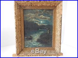 Antique Early Old Victorian Nautical Moonlit Luminism Oil Painting Folk Art