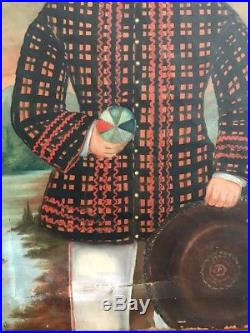 Antique FOLK ART Early American Child Portrait Painting In Plaid Coat