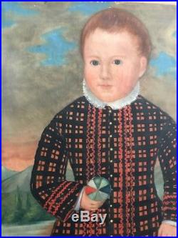Antique FOLK ART Early American Child Portrait Painting In Plaid Coat