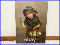 Antique FOLK ART OIL ON BOARD PAINTING OF LITTLE GIRL WITH FLOWER BASKET 16X22