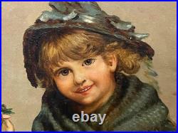 Antique FOLK ART OIL ON BOARD PAINTING OF LITTLE GIRL WITH FLOWER BASKET 16X22