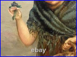 Antique FOLK ART OIL ON BOARD PAINTING OF LITTLE GIRL WITH FLOWER BASKET 16X22