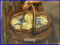 Antique FOLK ART OIL ON BOARD PAINTING OF LITTLE GIRL WITH FLOWER BASKET 16X22