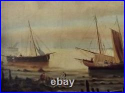 Antique FRENCH SEASCAPE Primitive Folk Oil Painting UNLOADING THE CATCH c1900
