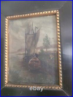 Antique Fisherman Painting Oil on Board, Nautical, Folk art, Decorative framed