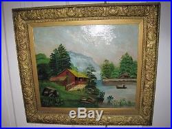 Antique Folk Art 19c American Landscape Cabin on Lake Oil on Canvas c1850