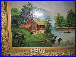 Antique Folk Art 19c American Landscape Cabin on Lake Oil on Canvas c1850