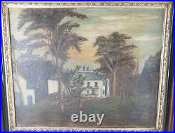 Antique Folk Art Americana Architectural Landscape Oil Painting on Cardboard
