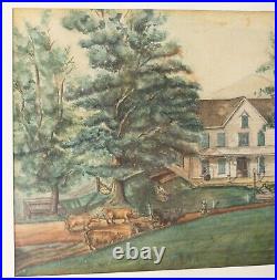 Antique Folk Art Americana Watercolor Architectural Landscape Painting Signed