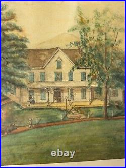 Antique Folk Art Americana Watercolor Architectural Landscape Painting Signed