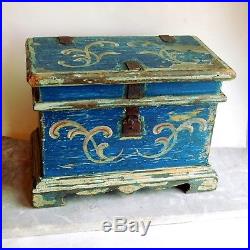 Antique Folk Art Blue Painted, Decorated Box Pennsylvania German Style Iron Hasp