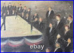 Antique Folk Art Boxing Match Painting Oil on Canvas
