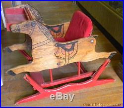 Antique Folk Art Child's Rocking Horse Hand-painted Solid Oak Feeding Chair