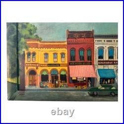 Antique Folk Art Downtown Street Scene Oil Painting on Board