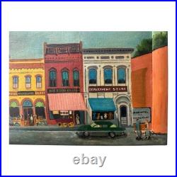 Antique Folk Art Downtown Street Scene Oil Painting on Board