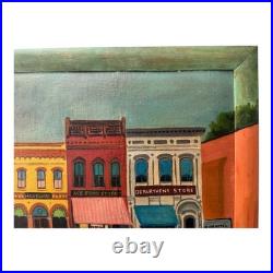 Antique Folk Art Downtown Street Scene Oil Painting on Board