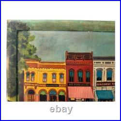 Antique Folk Art Downtown Street Scene Oil Painting on Board