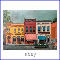 Antique Folk Art Downtown Street Scene Oil Painting on Board