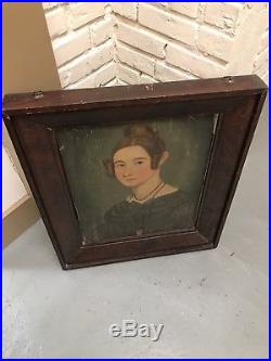 Antique Folk Art Early American Portrait Panel Painting Lady ORG Frame Primitive