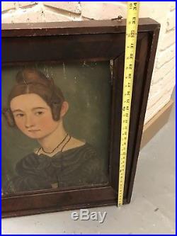Antique Folk Art Early American Portrait Panel Painting Lady ORG Frame Primitive