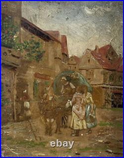 Antique Folk Art European School Horse & Carriage Village Cityscape Oil Painting