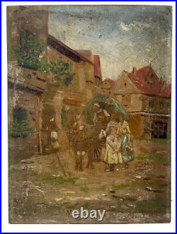 Antique Folk Art European School Horse & Carriage Village Cityscape Oil Painting